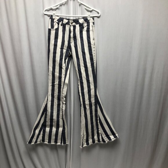 Saints and Hearts Flare Jeans Womens Size Medium Blue White Striped Bell Bottom - Picture 1 of 8